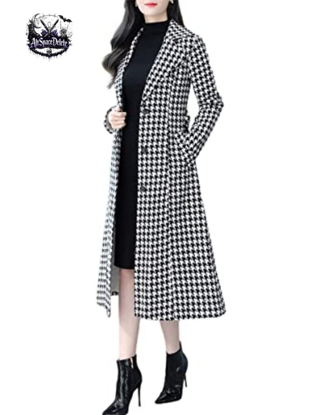 Women Trench Coat Polyester Quilt-Lined Houndstooth Winter Long Coat